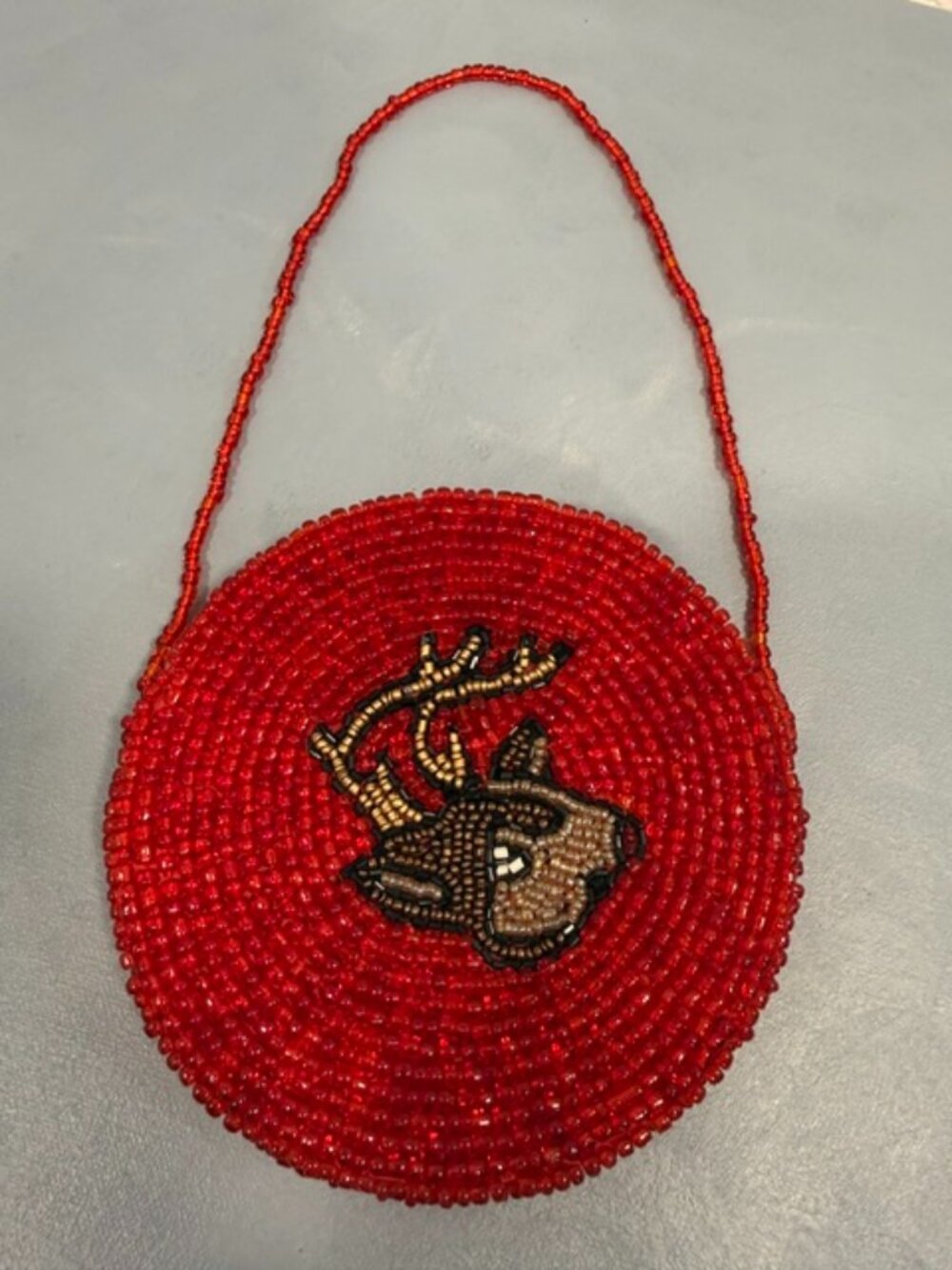 Wayne M Kleski Red Beaded Reindeer Purse Vintage Christmas Bag Read